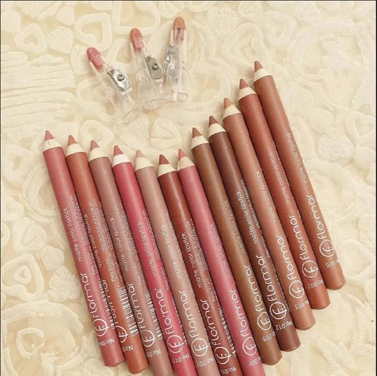 Flormar Waterproof Lip Liner Pencils (Set of 12) with Built-in Sharpeners