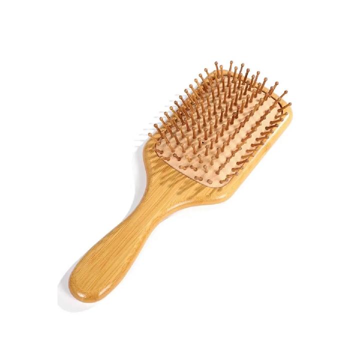 Natural Bamboo Hair Brush with Wooden Bristles - Anti-Static Paddle Brush for Frizz Control