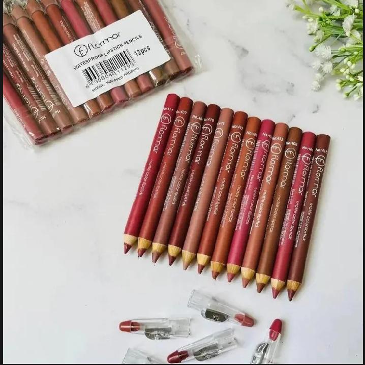 Flormar Waterproof Lip Liner Pencils (Set of 12) with Built-in Sharpeners