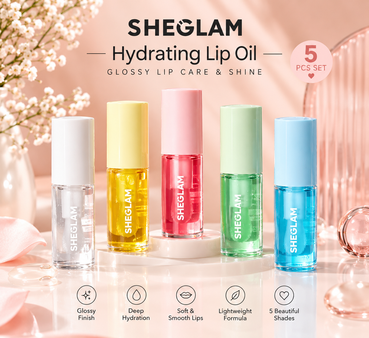 SHEGLAM Hydrating Lip Oil – Glossy Lip Care & Shine (05 Pieces)